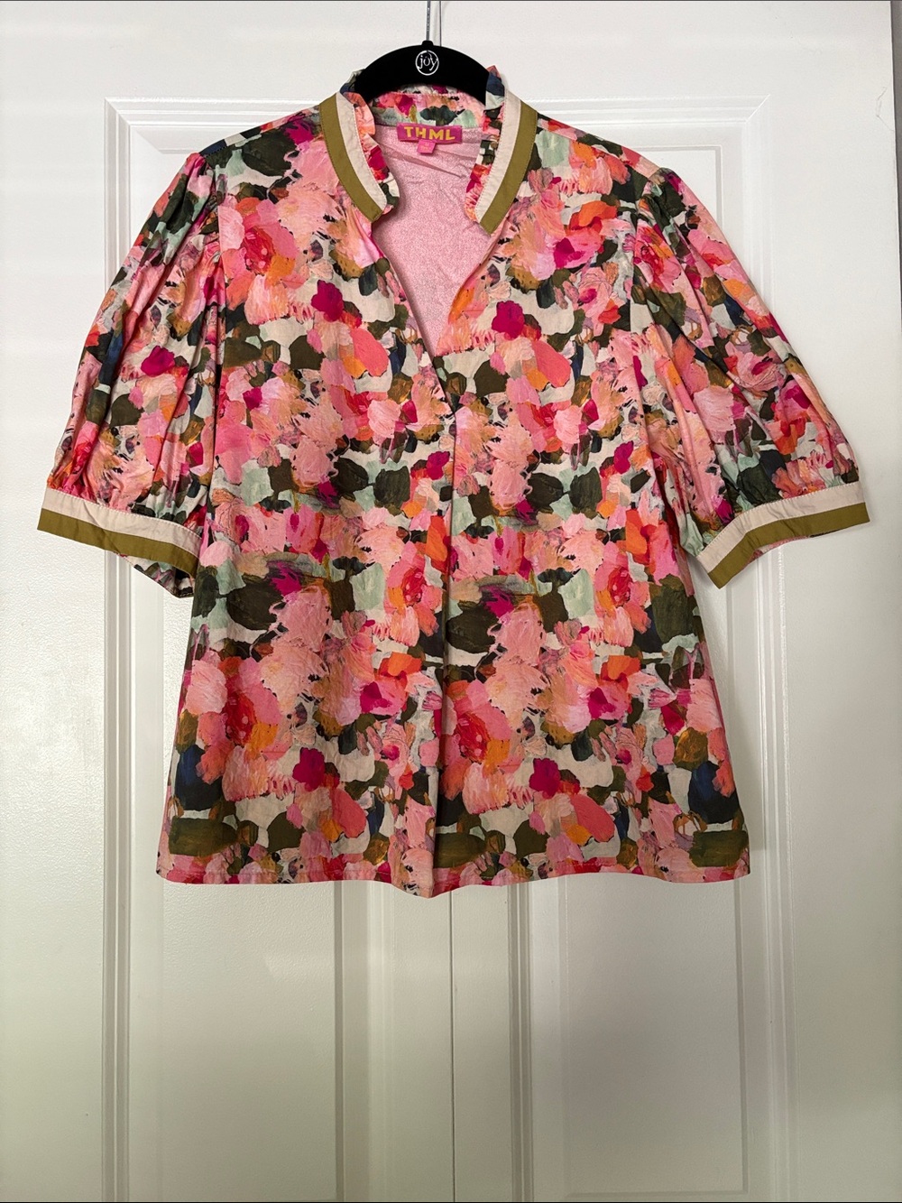 THML Pink Floral Short Sleeve Blouse with Olive Trim